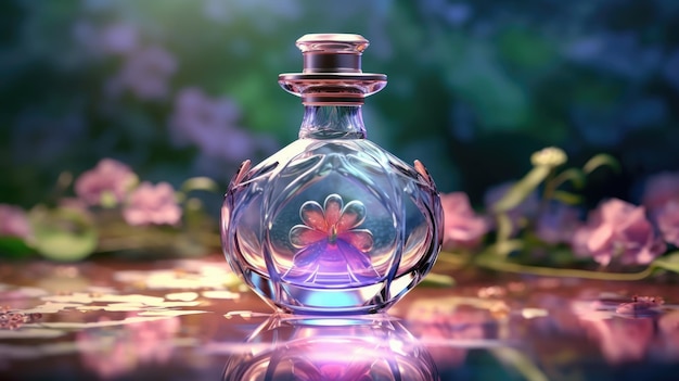 Eine Parfümflasche mit einer Blume auf dem Boden