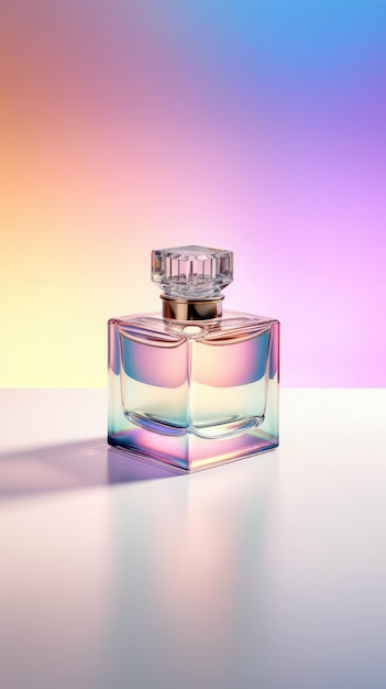 Eine Parfümflasche mit rosa und violettem Hintergrund