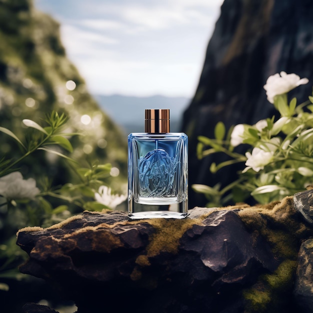 eine Parfümflasche sitzt auf einem Felsen mit Blumen im Hintergrund.