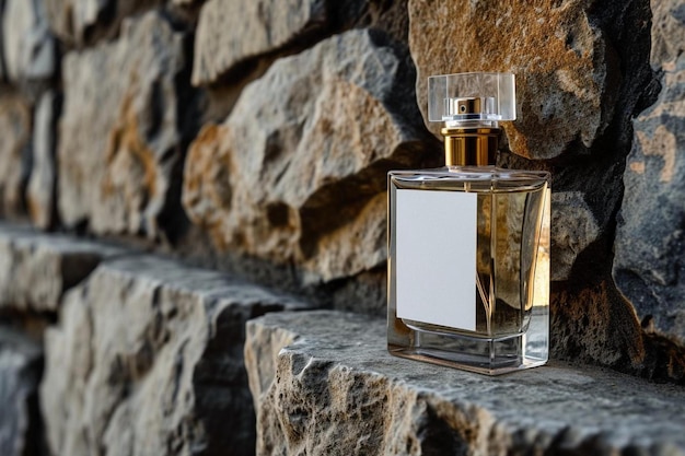 Foto eine parfümflasche sitzt auf einem steinbrett