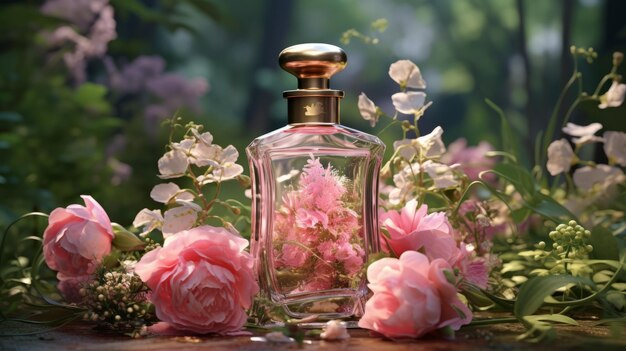 Eine Parfümflasche umgeben von rosa Blumen