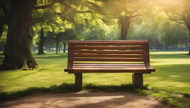 eine Parkbank mit der Sonne, die durch die Bäume scheint