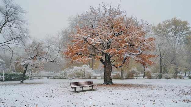 Eine Parkbank sitzt in einem verschneiten Park, die Bäume sind nackt und der Boden ist mit Schnee bedeckt, die Szene ist friedlich und ruhig.