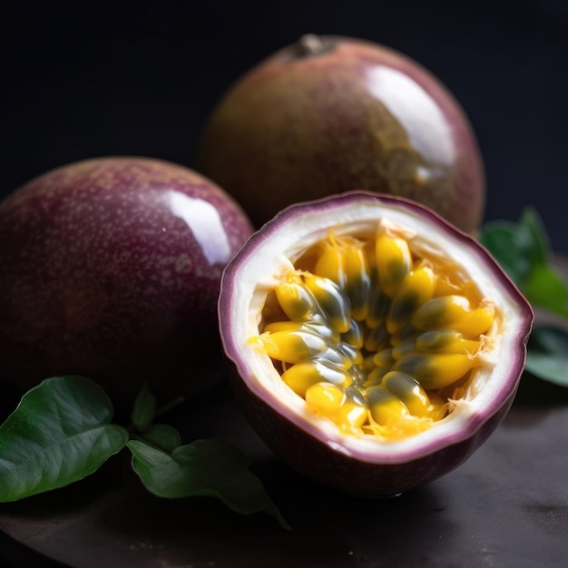 Eine Passionsfrucht mit dem Wort Mango darauf