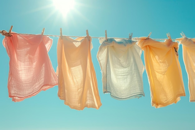 Eine pastellfarbene Reihe von Kleidungsstücken trocknet an einer Wäscheleine und schwankt sanft in der Brise unter dem warmen Leuchten einer untergehenden Sonne