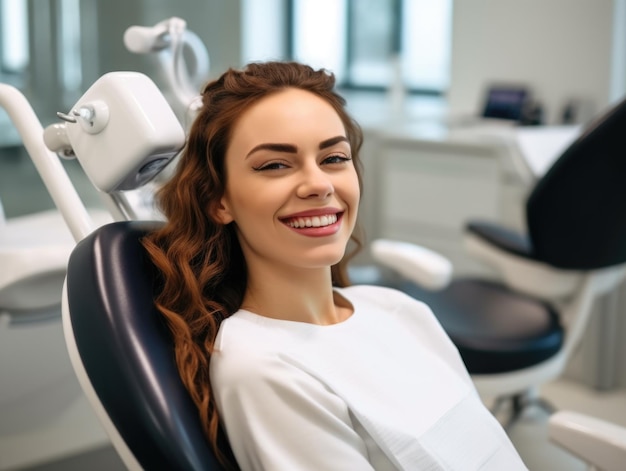 Eine Patientin mit Zahnspangen, rothaarig, sitzt auf dem Zahnarztstuhl und hat eine Zahnspange an den Zähnen
