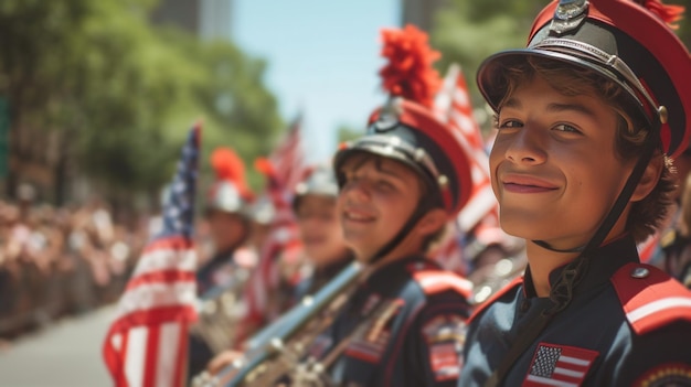 Eine patriotische Parade mit marschierenden Bands, die Fahnen schwenken, und lächelnden Zuschauern