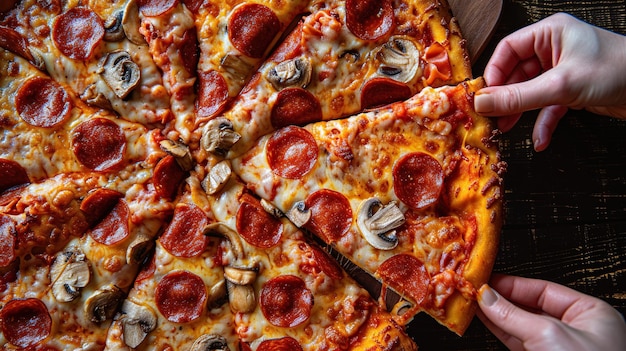 Eine Pepperoni- und Pilzpizza, geschmückt mit geschmolzenem Käse, mit den Händen bereit, eine Scheibe zu schnappen