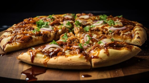 Eine perfekt gebackene Barbecue-Hühner-Pizza mit ein bisschen würziger Soße und frischen Kräutern in voller Tiefe