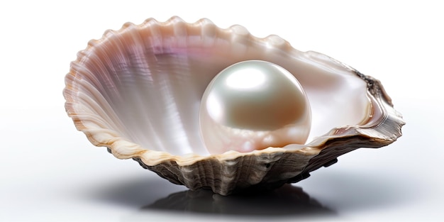 Eine Perle in einer Muschel auf weißem Hintergrund