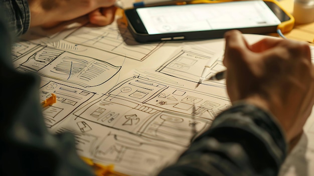 Eine Person arbeitet an einem Designprojekt. Sie verwenden Bleistift und Papier, um ihre Ideen zu skizzieren. Es liegt ein Smartphone auf dem Tisch.