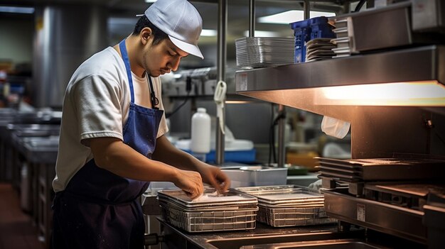 Foto eine person arbeitet in einer großküche und bereitet essen zu