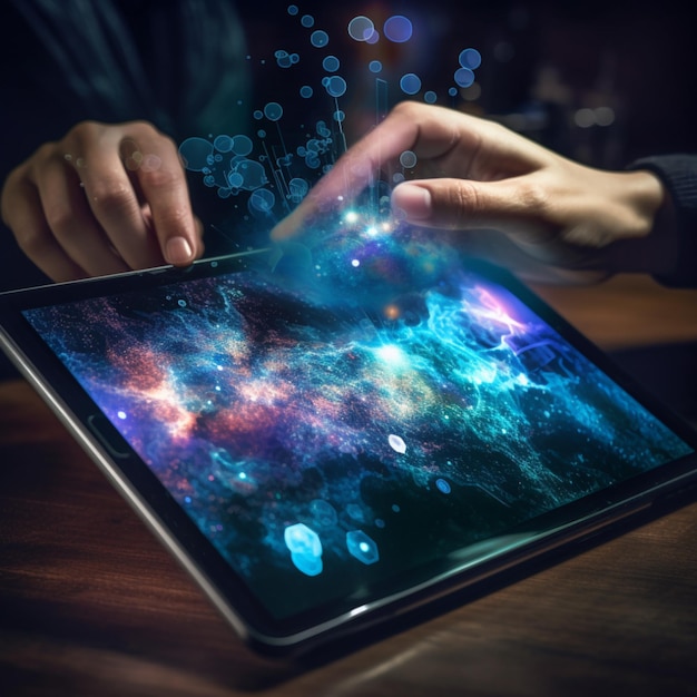 Eine Person benutzt ein Tablet mit einem Galaxy-Bildschirm darauf.