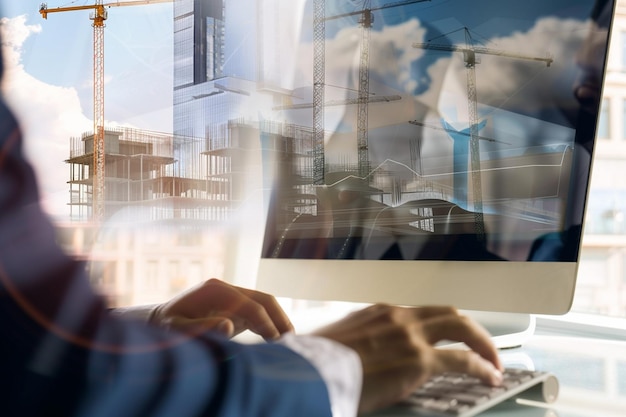eine Person benutzt einen Computer und erklärt den Bau des Gebäudes anderen im Hintergrund