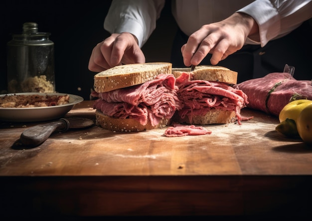 Eine Person bereitet in einer Küche ein hausgemachtes Pastrami-Sandwich zu