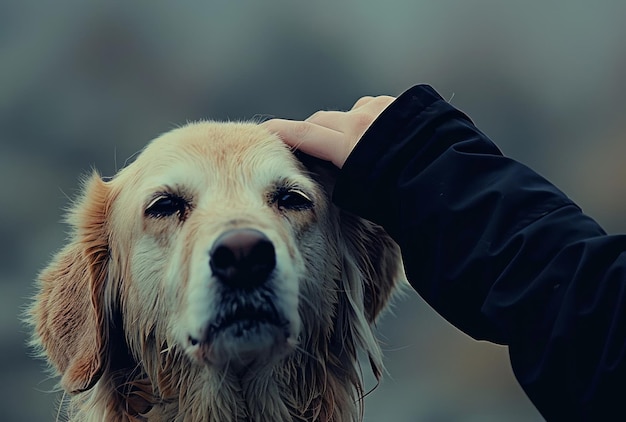 Eine Person berührt ein Hundeohr mit einem leidenschaftlichen Kussbild