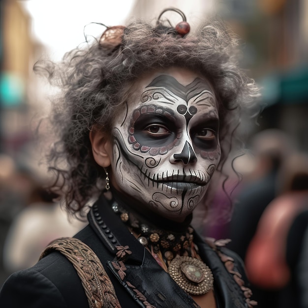 eine Person, deren Gesicht für die Parade zum Tag der Toten bemalt und geschmückt ist