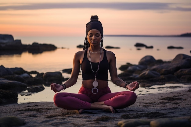 Foto eine person, die airpods trägt, während sie yoga am strand übt