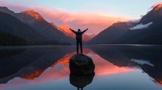 Foto eine person, die auf einem felsen in einem see steht