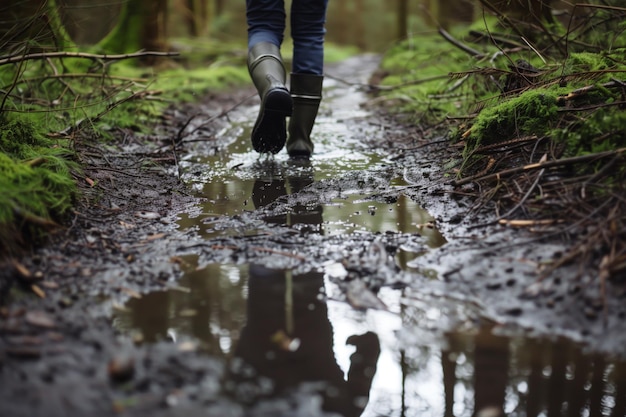 Eine Person, die auf einem Waldweg durch Pfützen fährt