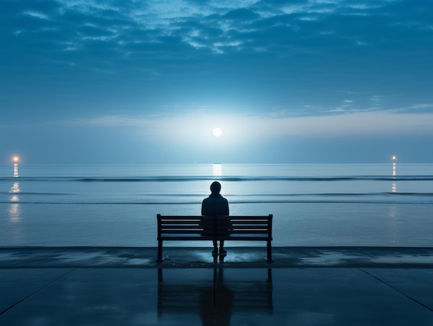 eine Person, die auf einer Bank sitzt und auf das Meer blickt