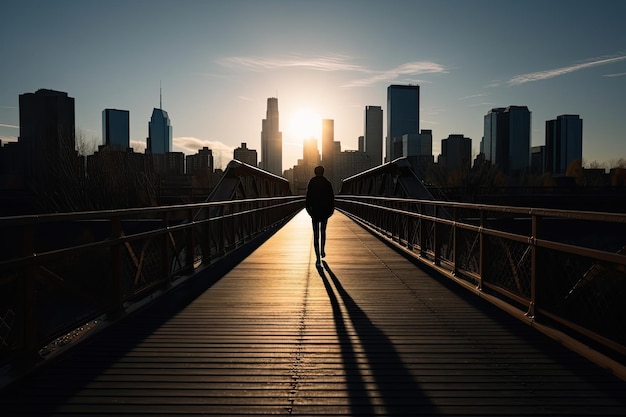 Eine Person, die auf einer Brücke mit der Skyline der Stadt im Hintergrund läuft