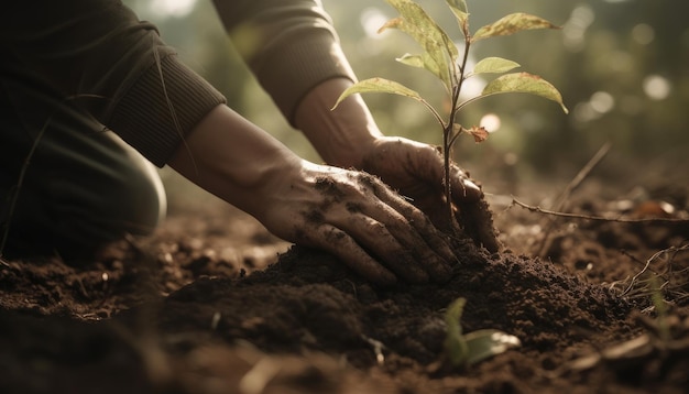Eine Person, die Bäume oder Blumen pflanzt und so zur globalen Anstrengung beiträgt