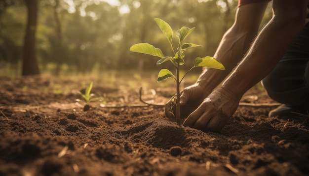 Eine Person, die Bäume oder Blumen pflanzt und so zur globalen Anstrengung beiträgt