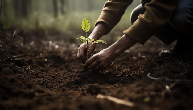 Eine Person, die Bäume oder Blumen pflanzt und so zur globalen Anstrengung beiträgt