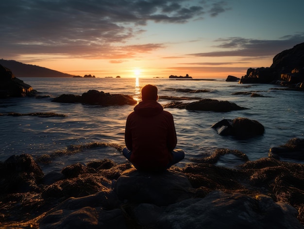 eine Person, die bei Sonnenuntergang auf den Felsen sitzt