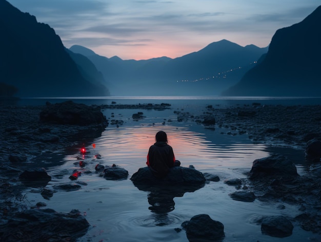 Eine Person, die bei Sonnenuntergang auf einem Felsen vor einem See sitzt