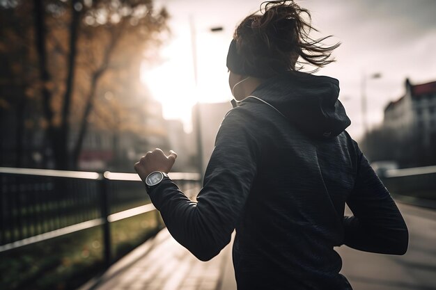 Eine Person, die beim Joggen oder Generative Ai-Übungen eine Smartwatch trägt