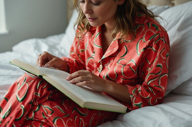Eine Person, die beim Lesen einen Wassermelon-Pijama trägt