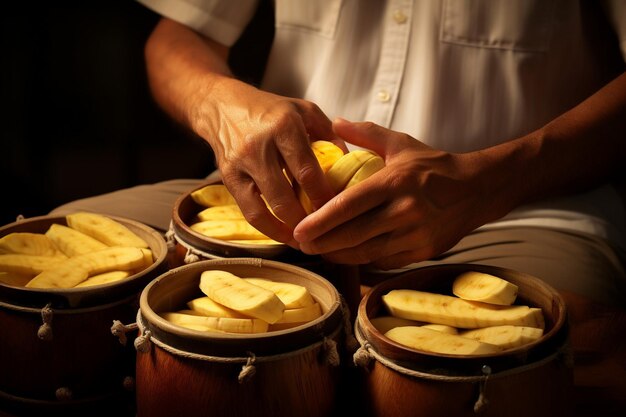 Eine Person, die Bongo-Trommeln mit Bananenschalen spielt