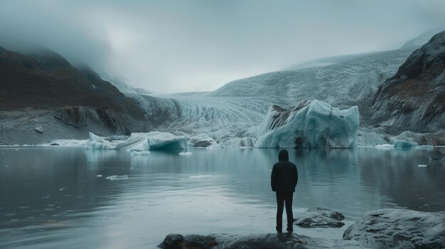 Eine Person, die die Auswirkungen des Klimawandels auf einen schrumpfenden Gletscher dokumentiert und die Bedeutung des Wassersparens unterstreicht