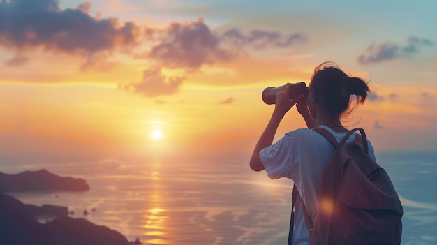 Foto eine person, die durch ein fernglas in den horizont schaut und die weitsicht und vision symbolisiert