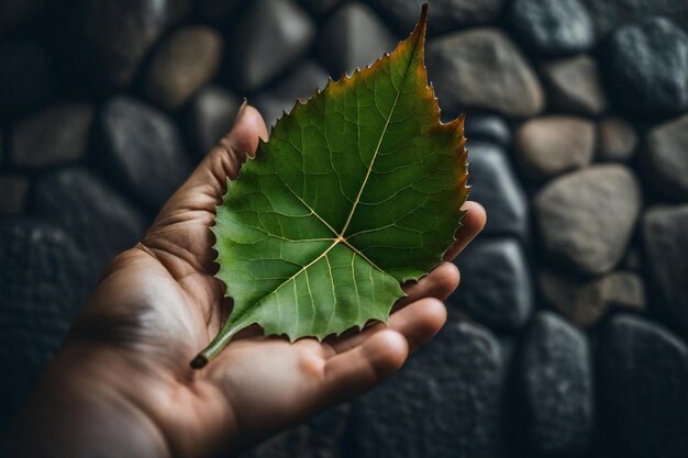 eine Person, die ein Blatt hält, auf dem ein grünes Blatt steht