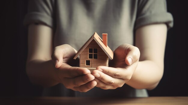 Foto eine person, die ein kleines holzhaus in ihren händen hält