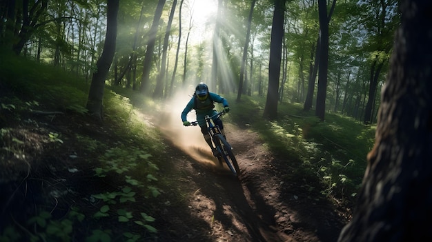 Eine Person, die ein Mountainbike im Wald fährt