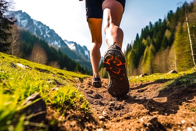 Eine Person, die ein Paar Laufschuhe trägt, wird auf einem Pfad gezeigt.