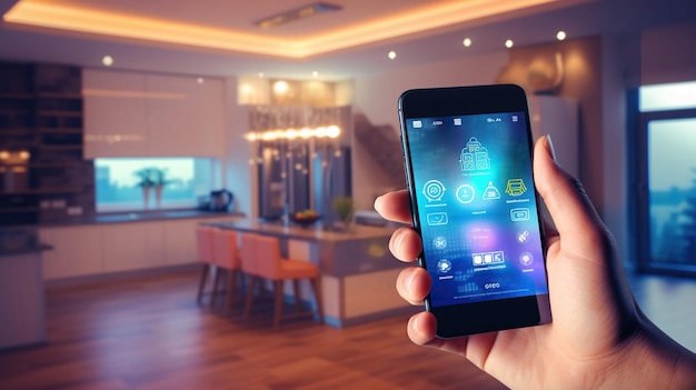 Eine Person, die ein Smartphone in einem Smart Home hält, erweckt die digitale Welt bequem von zu Hause aus zum Leben. Generative KI
