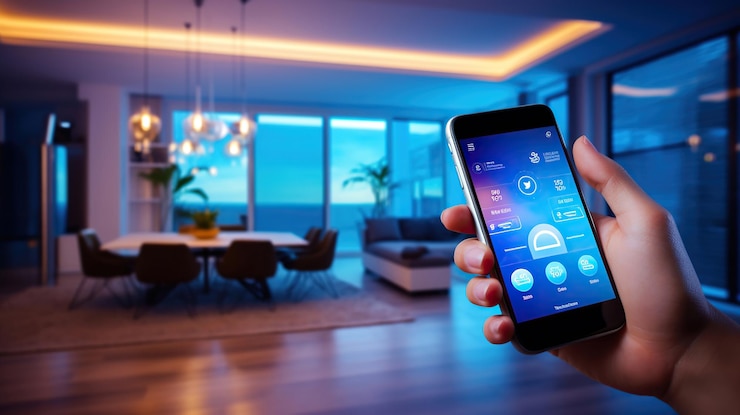 Foto eine person, die ein smartphone in einem smart home hält, erweckt die digitale welt bequem von zu hause aus zum leben. generative ki