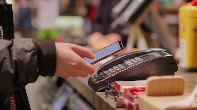 Eine Person, die ein Smartphone mit NFC-Technologie hält, verwendet es, um bei einer Kasse zu bezahlen