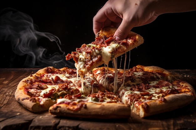 Eine Person, die ein Stück Fleischpizza in eine Seite von Ranch-Dressing taucht