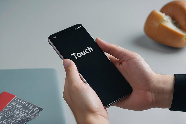 Eine Person, die ein Telefon hält, das einen weißen Bildschirm hat, auf dem auf dem Bildschirm "Touch" steht