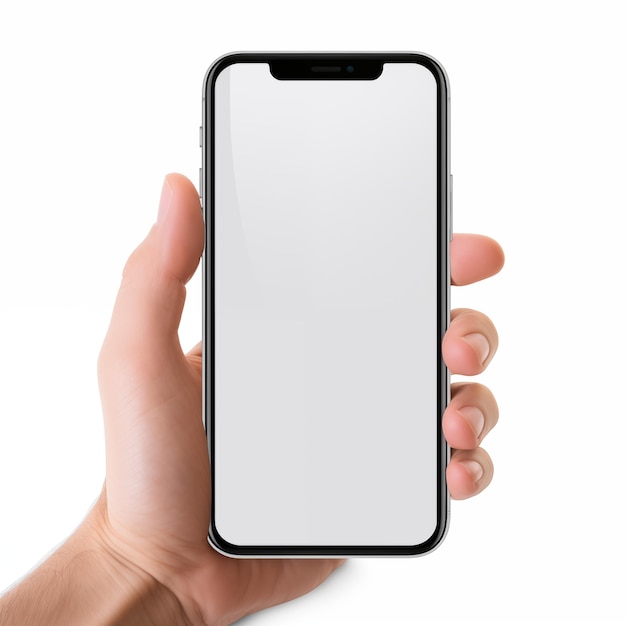 eine Person, die ein Telefon mit weißem Hintergrund hält