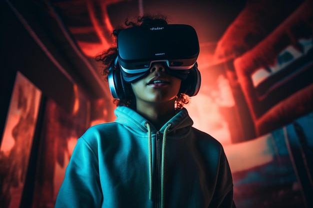 eine Person, die ein Virtual-Reality-Headset trägt und auf dem Bildschirm die Worte „virtuell“ erscheinen.