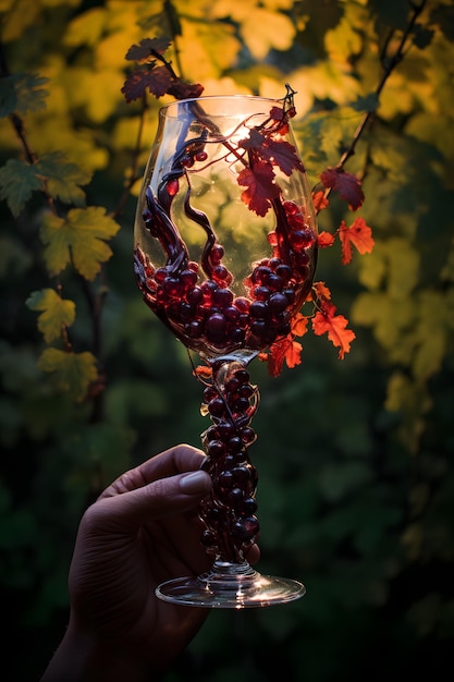 Eine Person, die ein Weinglas in der Hand hält und einen Sonnenuntergang feiert