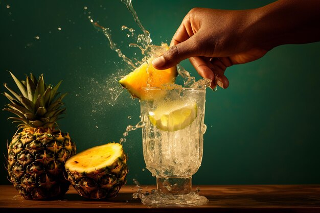 Eine Person, die eine Ananas in ein Glas Kokosnusswasser drückt