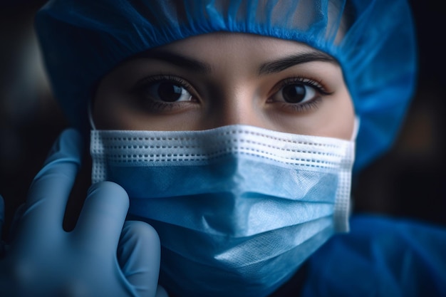 Eine Person, die eine chirurgische Maske und Handschuhe trägt, erkrankt an generativer KI